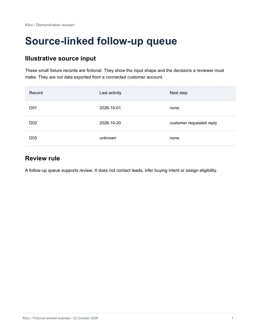Source-linked follow-up queue - fictional source input