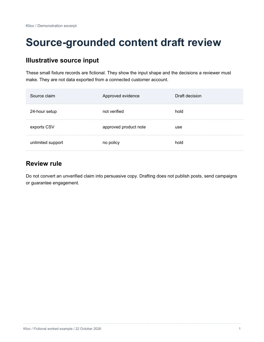 Source-grounded content draft review - fictional source input