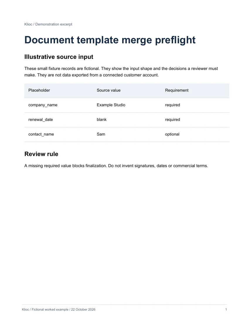 Document template merge preflight - fictional source input