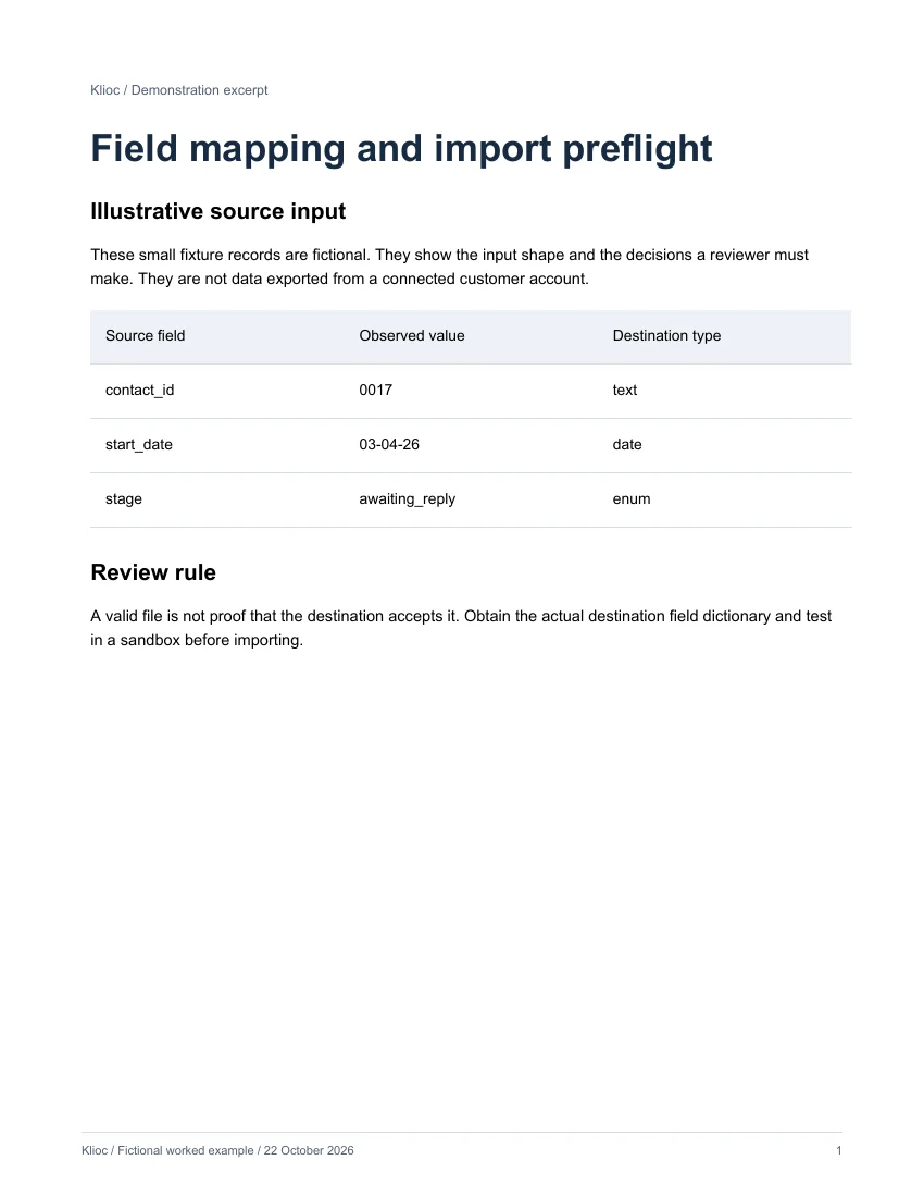 Field mapping and import preflight - fictional source input