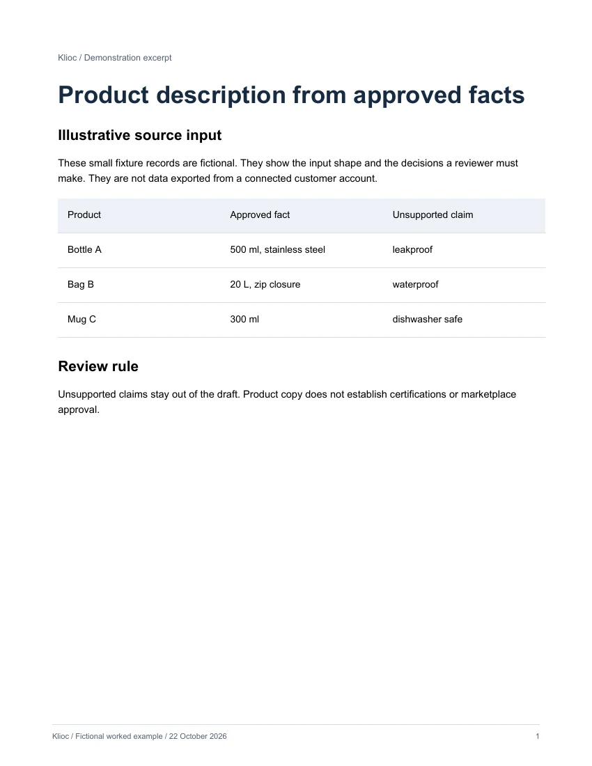 Product description from approved facts - fictional source input
