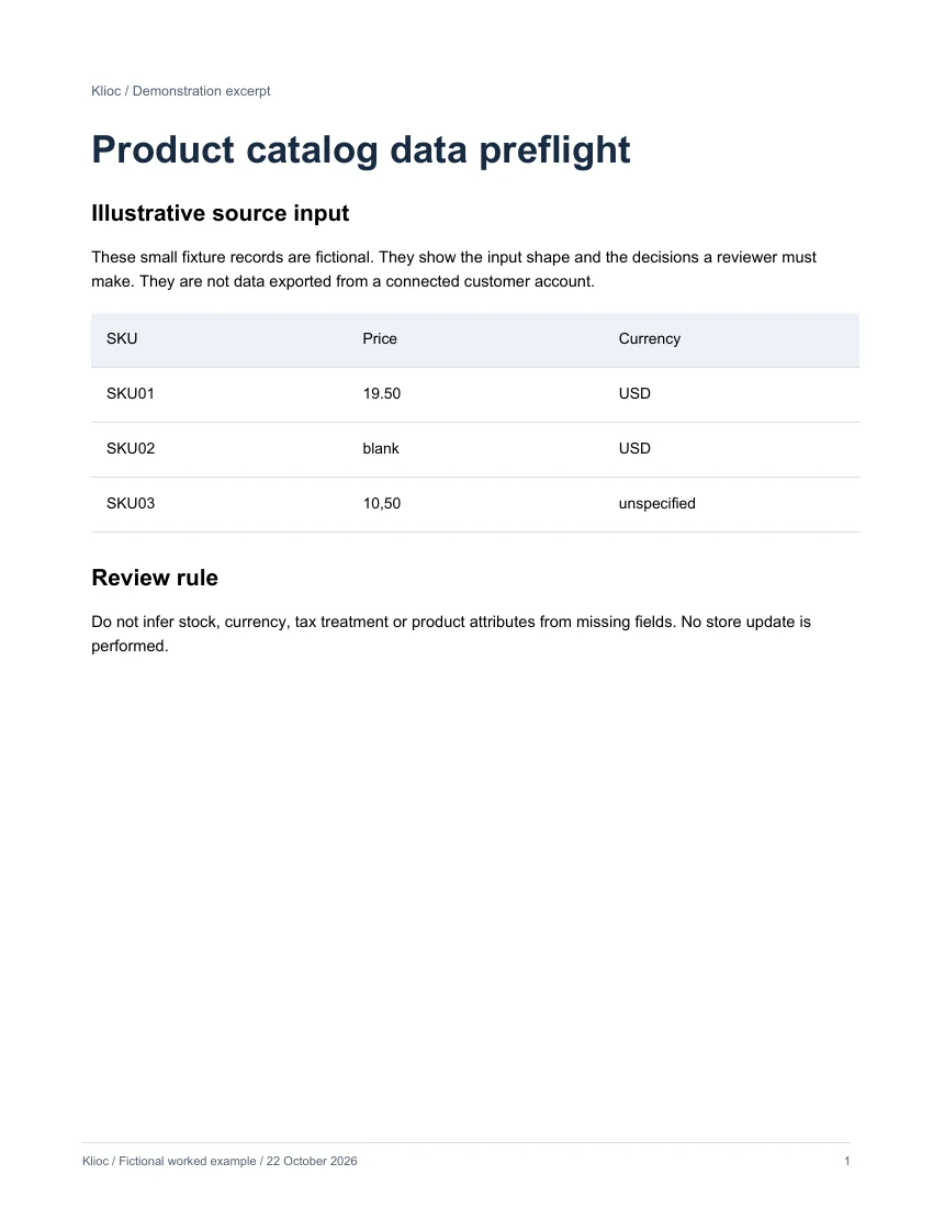 Product catalog data preflight - fictional source input