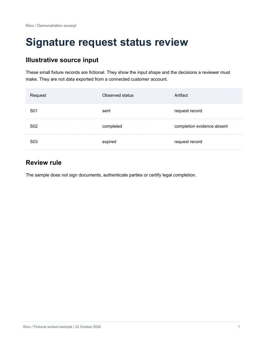 Signature request status review - fictional source input